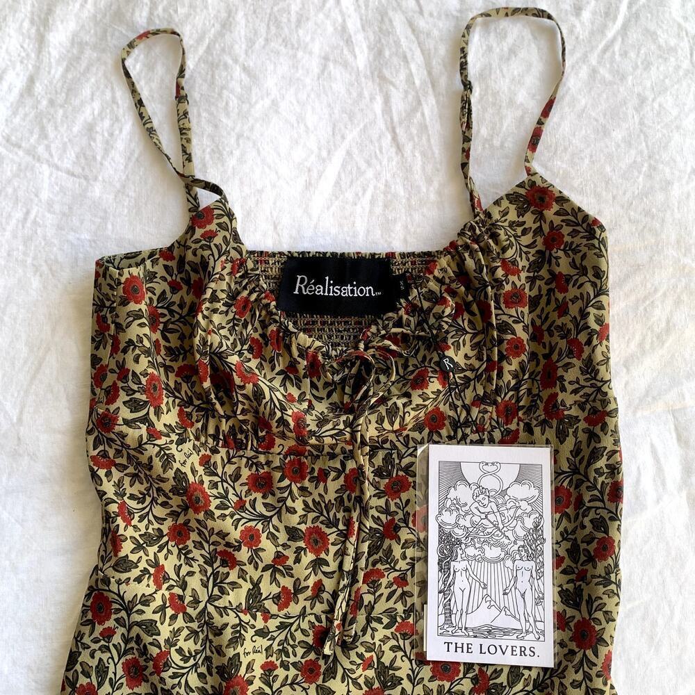 NWT Realisation Alba Silk Floral Spaghetti Strap Midi Slip Dress Dahlia Tan - Picture 8 of 12